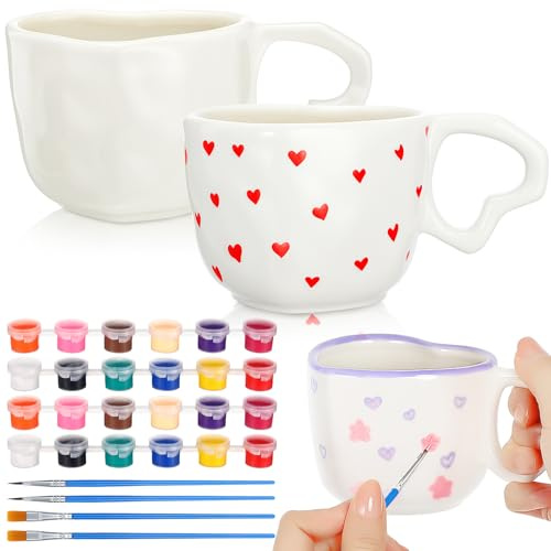Tenceur 2 Sets Valentine's Day Painted Mug Kits Ceramic Heart Shaped Mugs Paint Your Own Mug DIY Coffee Mugs Includes Blank White Coffee Cups and Painting Supplies Valentines Wedding Gift