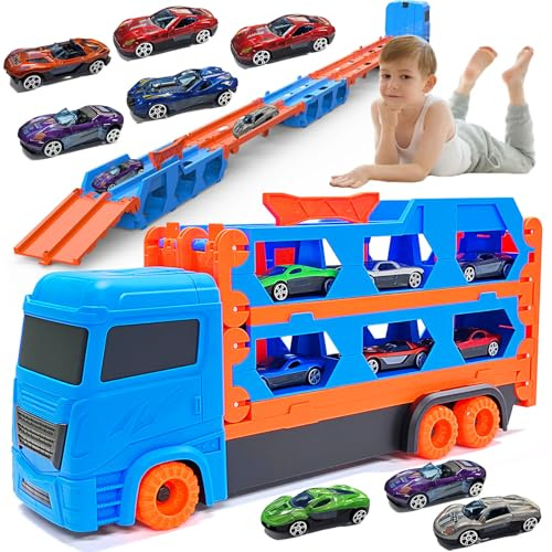 HVIERO Transport Truck Spielzeugautos für Jungen 3 4 5 6 Jahre, 65 Zoll Faltbare Rennbahn Truck Spielzeugautos mit 8 Autos LKW Spielzeug Set für Kinder Jungen Mädchen Autotransporter Spielzeug (Blau)