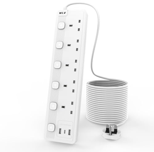 WLV 5M Extension Lead 5 Gang with USB Slots (2 USB A,1 USB C), White Extension Lead with Individually Switch, Wall Mounted Power Strip for Dorm, Kitchen, Living Room, Recreation Vehicle