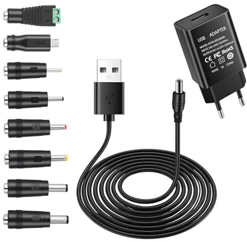 Netzteil 5V 2A mit 8 DC Adaptern und USB auf DC Kabel 1M, AC/DC Netzadapter