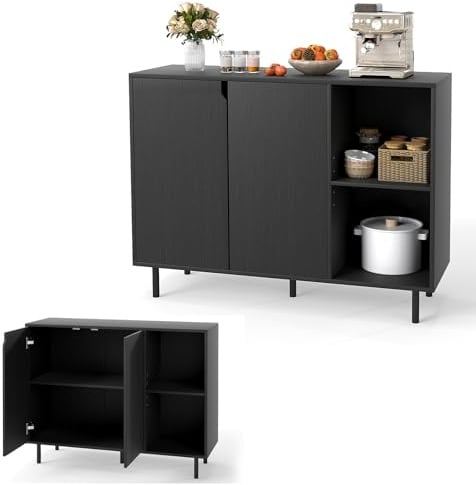 KOMFOTTEU Buffetschrank Sideboard weiß, moderner Küchenschrank mit Türen, 5-Fach verstellbarem Regal & Kippschutz, Küchekommode Aufbewahrungsschrank für Wohnzimmer Flur (Schwarz)