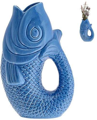 Vase Fisch 'Blubb' | 13,5x21x9cm Dolomit blau | Blumen Dekovase Fischform Fischmaul Griff | Gefäß für Blumen und Sträucher mit Gluckgeräuschen (1 x Vase blau 21cm)