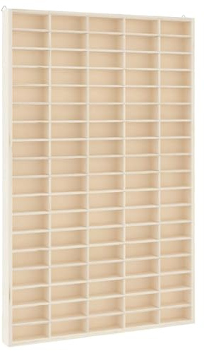 Mhdvray Sammlervitrine aus Holz mit 90 Fächern 50,5 x 4,5 x 79 cm Wandvitrine Setzkasten für Modellautos und Figuren Wandregal aus Sperrholz für Sammlerstücke Natur