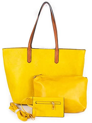 Emila Borsa gialla donna grande capiente shopping bag da lavoro ufficio a spalla con borsello borsellino tracolla tre pezzi 3 shopper giornaliera tutti i giorni Giallo primavera estate 2025