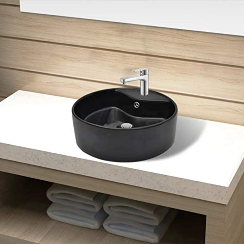 Festnight Keramik Waschbecken Rund ? 465 mm | Aufsatzwaschbecken mit Hahnloch | Handwaschbecken Waschschale Schwarz 465 x 155 mm (? x H)