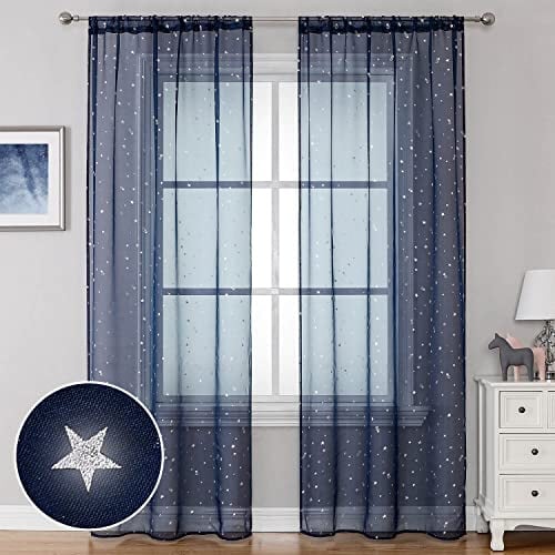 WUBODTI Marineblaue Voile-Vorhänge, 213 cm lang, 2 Vorhänge, Stangentasche, halbtransparent, Kindervorhang für Jungen, Schlafzimmer, Wohnzimmer, Galaxie, Sterne, Tüll, Raumdekoration