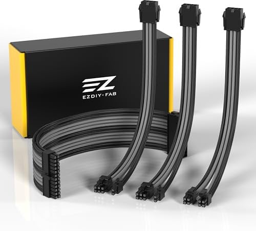 EZDIY-FAB PSU Verlängerungskabel Ummantelt Custom Mod PC Stromversorgungskabel,Weiches Nylongeflecht mit Kammsatz 24PIN/8PIN bis 6+2Pin/ 8PIN bis 4+4PIN-300MM-Schwarz Grau