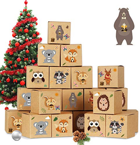 Adventskalender zum Befüllen, 24 DIY Adventskalender Kisten Set, mit 24 Waldtiere Zahlenaufklebern, Weihnachtskalender Bastelset, Adventskalender Selber Basteln für Kinder
