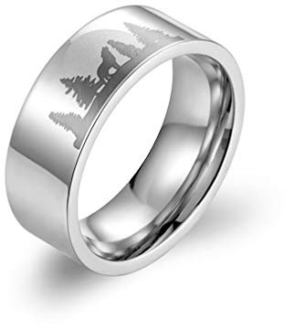 HIJONES Herren Edelstahl Wolf Moon Ring Band 8MM, Silber Größe 60