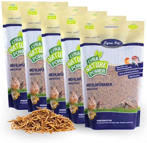 Lyra Pet® 5 x 1 kg de vers de Farine séchés | Nourriture Riche en protéines | pour Oiseaux Sauvages, rongeurs, Reptiles & Poissons | Source d'énergie pour Insectivores | Vitamines & minéraux
