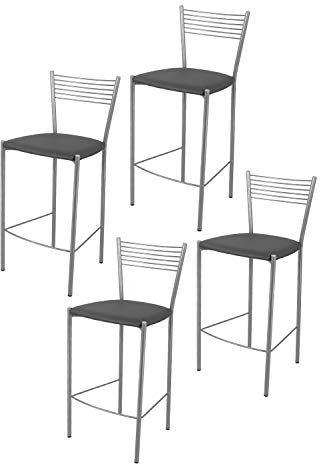 t m c s Tommychairs - Set 4 sgabelli alti modello Elegance per cucina e bar, struttura in acciaio verniciata colore alluminio e seduta imbottita e rivestita in pelle artificiale colore grigio scuro