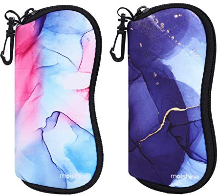 molshine 2-teiliges Weiches Sonnenbrillenetui,Neopren-Brillenbeutel mit Reißverschluss,Tragbare Brillentasche mit Haken für Damen und Herren(Violett & Lila)