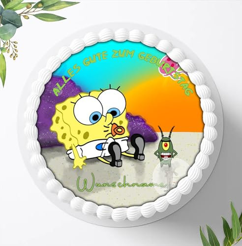 Für die Geburtstags Torte, Zuckerbild mit Wunschname kompatibel mit: Spongebob, Essbares Foto für Torten, Fondant, Tortenaufleger Ø 20cm, 0115z