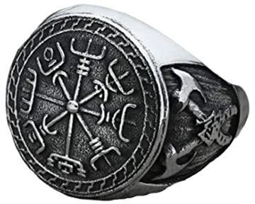 MayiaHey Vegvisir Ring, Helm of Awe Rune Ring for Men, Norse Viking Pirate Compass Ring Valknut Odin Symbol Ring Odin Axe Jewelry, Vintage Celtic Knot Ring Viking Battle Axe Ring for Boys (O)