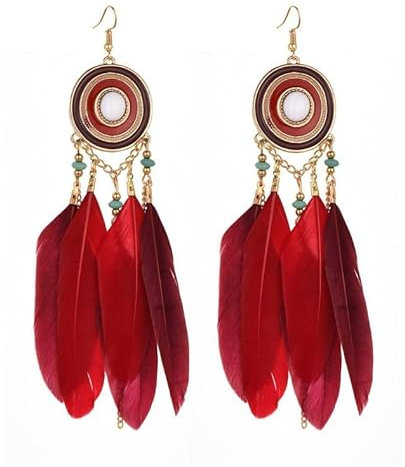 Earrings Elegante Ohrhänger Fransen Feder Lange Boho Rot