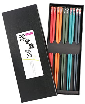 EXZACT Fiberglas-Essstäbchen-Set im japanischen Stil - 5 Paar wiederverwendbare Essstäbchen in schöner handgefertigter Geschenkbox - hitzebeständig, spülmaschinenfest -bunte Glasfaser - Kimono-Druck