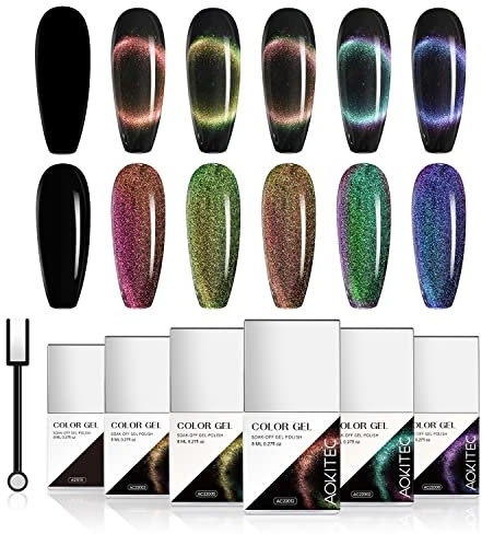 Aokitec 9D Cat Eye Gel Nagellack Set - 6 Farben 8ml Magnet UV LED Magnetischer Schwarz Nagel Gel Lack Polish Nagellack Schellack Starter Set für Salon Home DIY Nails Art Geschenk