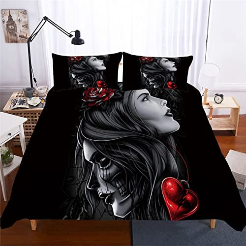 SHITOU Bettwäsche 140x200 Schwarzer doppelseitiger Totenkopf Warme Mikrofaser BettwäSche-Sets,Mit ReißVerschluss 3 Teilig Bettbezug Und 2 KissenbezüGe 80x80cm,Geeignet FüR