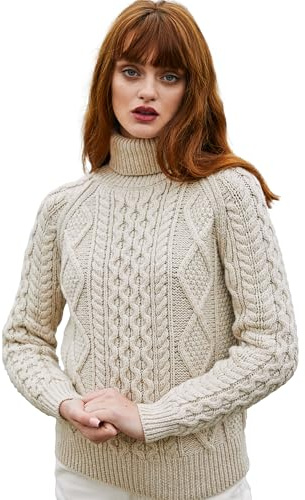 SAOL Damen Rollkragen Wollpullover Irischer Zopfmusterpullover, hergestellt in Irland