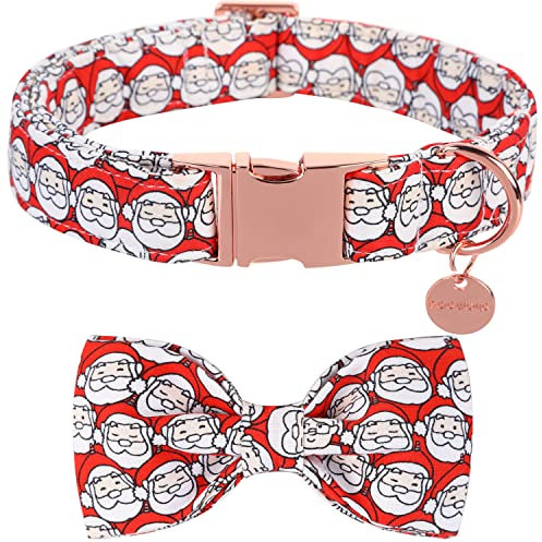 DOGWONG Rot Hundehalsband mit Fliege - Weihnachtsmann komfortable Baumwolle Weihnachten Hundehalsband mit abnehmbaren Fliege für klein Groß Mittel Hund