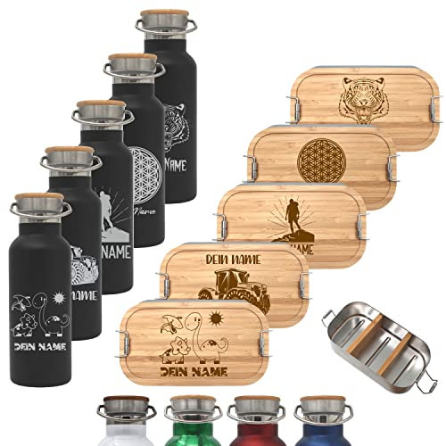 Brotdose 1100ml mit Fächern und Trinkflasche 500ml aus Edelstahl mit Namen personalisiert, Lunchbox und Isolierflasche für Kinder und Erwachsene Brotbox (Flasche SCHWARZ, Große Lunchbox 1100ml)