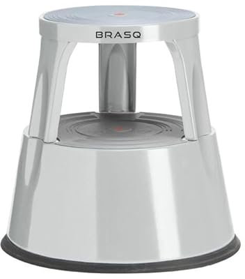 BRASQ Tritthocker mit Rollen ST300 Premium, Elefantenfuß, aus robustem und hochwertigem Stahl, mit einklappbaren 3 Rollen, 42 cm hoch, Trittrollhocker grau, belastbar bis 150 kg