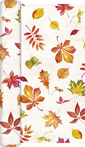 Tischläufer Herbst mit verstreute Herbstblätter aus Airlaid. Tischdeko Herbstmotiv Rolle Blätter. Tischläufer Herbstdeko orange weiß Maße 490x40cm