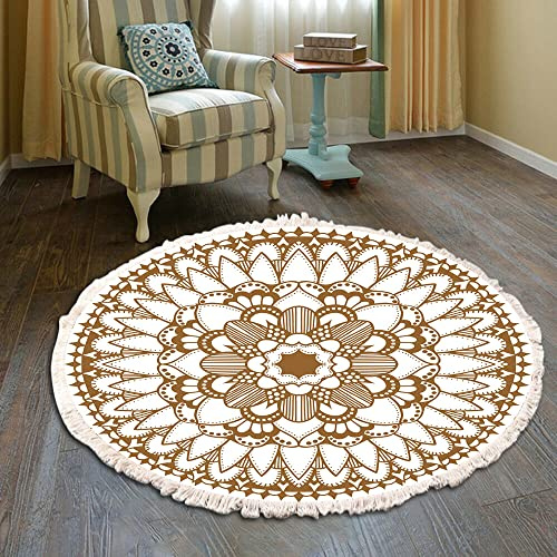 Duories Tapis rond en coton tissé à la main - Motif mandala - Style bohème vintage - Avec pompons - Lavable en machine - Pour chambre à coucher, couloir, salon, table basse - 120 cm - Fleurs #35