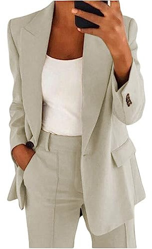shownicer Damen Hosenanzug Elegant Business Anzug Set Revers Büro Blazer Hose 2-teilig Anzug Zweiteiler Slimfit Festlich Sportlich Streetwear A Beige XXL
