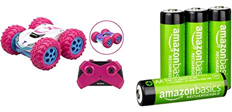 Exost Silverlit 360 Cross Rose Voiture télécommandée Tout-Terrain rose-360 Conduite sur 2 Faces-Franchis Les Obstacles Jouet & Amazon Basics Piles Rechargeables AA, pré-chargées - Lot de 4