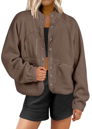 ANRABESS Womens Fuzzy Fleece Jacket Fall Casual Long Sleeve Cropped Sherpa Button Down Shacket Coats Outwear With Pockets Coffee X-Large