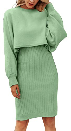 Fulidngzg Strickkleid Damen Herbst Winter 2 Teiler Sweater Kleid Pullikleid Warm mit Pullover Winterkleider Schnitt Grobmaschig Zweiteiler Party Outfit Enges Herbstkleid