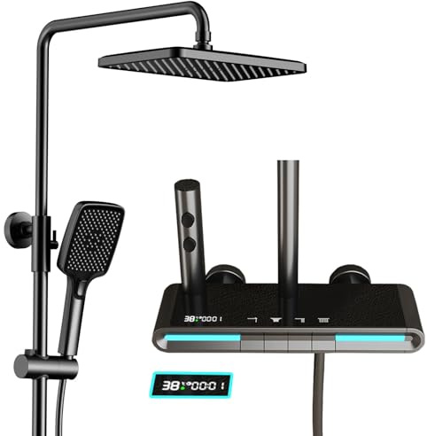BEITH Duschsystem mit Thermostat, 4 Funktionen Ironman Klaviertasten Duschsetmit LED Digitalanzeige, Umgebungslicht, 30x20cm Quadrat Duschkopf, Badewannenarmatur, Sprühpistole, Höhenverstellbar