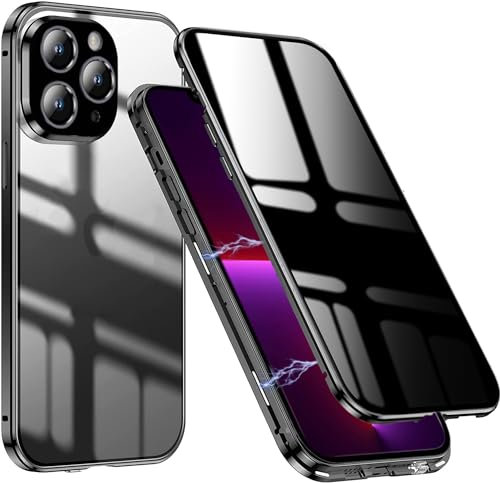 QiiStar Privacy Case for iPhone 12 Pro Max,Front and Back 360 Degree Full Body Cover Anti-peeping Screen with Crystal Clear Back Double-sided Tempered Glass Magnetic 12 ProMax Metal Case,Black