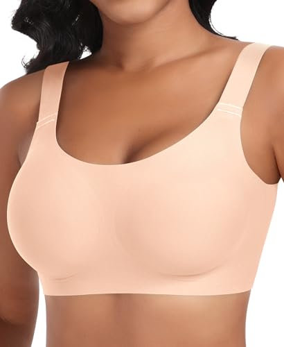 Ganado Damen BH Tiefem V-Ausschnitt Nahtloser Soft Bequem Bügellos Bustier (Beige-Nahtlos, L)