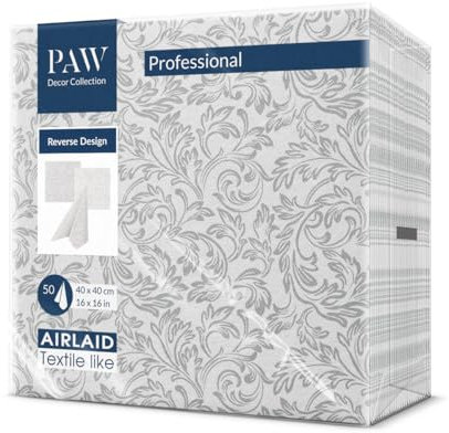 PAW - Servietten aus Airlaid - Stoffähnlich (40 x 40 cm) I 50 Stück I Ideal für Hochzeit, Taufe, Kommunion, Geburtstag I Tischdeko Rückseite-Muster - Barock Silber I Reverse Baroque Etude silver