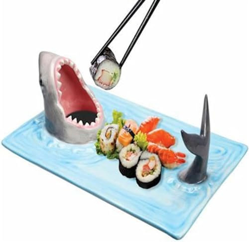 LKUOU Plato de sushi de tiburón,Plato de sushi de boca de tiburón,Bandeja for servir barco de sushi,Plato de sushi de tiburón rectangular de cerámica,Bandejas de sushi en forma de tiburón con soporte