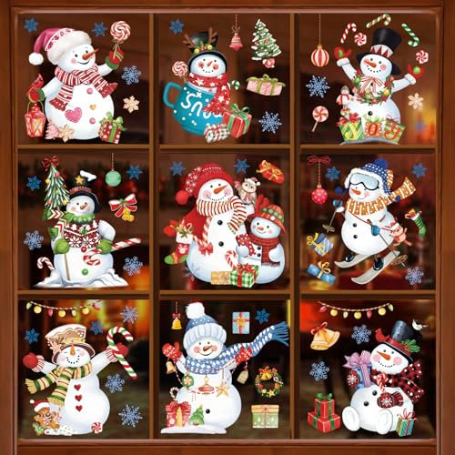 Wondever Pegatinas de Ventana Muñeco de Nieve y Árbol de Navidad - Anticolisión Copos de Nieve Calcomanías Doble Cara para Vidrio - Decoración de Fiesta Navideña