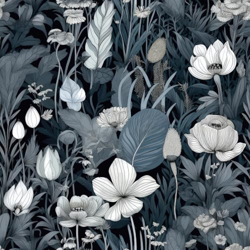 Livelynine Peel and Stick Wallpaper Blue Grey Floral and Leaves Modern Minimalist 44.5CMx7M Stick on Wallpaper Flowers Botanical Palm for Bedroom Sticky Back Plastic Roll Patterned Tropical Leaf