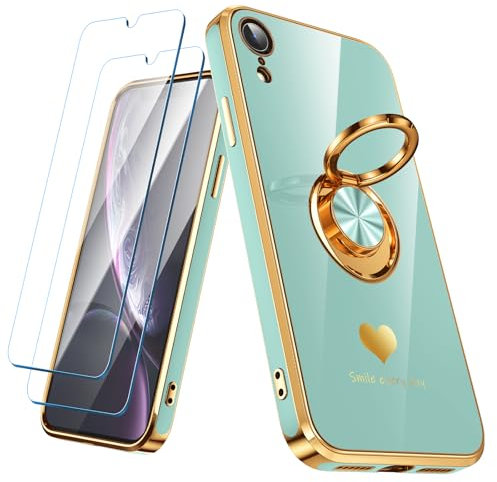 Nonional Compatible for iPhone XR Case with 2 Pack Screen Protector, 360° Rotatable Ring Holder [Luxury Hearts Pattern] Plating Gold Edge Slim Soft Phone Cover Case for iPhone XR - Mint