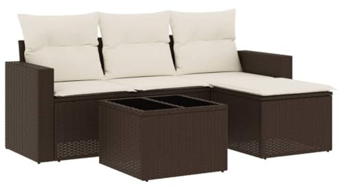 vidaXL Garten Sofa Garnitur 5-TLG., Gartenmöbel Set mit Kissen Stauraum, Sitzgruppe für Garten Terrasse, Modular Gartensofa Hocker Lounge, Tisch mit Glasplatte, Braun Poly Rattan