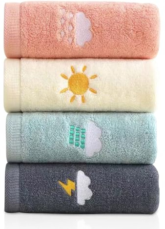 Yudobliss Handtuch, 4 Stück Cartoon Handtuch, 25 x 50cm Stickerei Handtücher, Cartoon Wetter Muster Handtücher, Für Fitness,Heim, Wohnheim, Hochzeit (4 Farben)