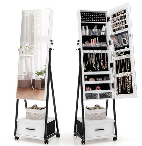 HOMFME Armoire a Bijoux 2 en 1 avec Miroir Pleine Longueur, Rangement Bijoux sur Pieds avec 4 Roues Verrouillables et Grand Espace de Rangement, 42 x 38 x 157 CM, Idéal pour Vestiaire, Chambre (Blanc)