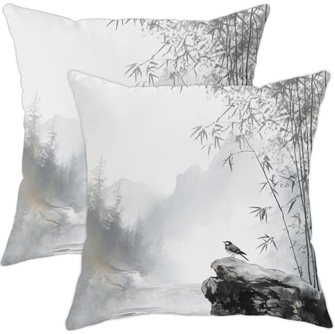 Kissenbezüge mit Vogel- und Bambusmotiv, asiatische dekorative quadratische Kissen für Zuhause, Sofa, Bett, Couch, 40,6 x 40,6 cm, 2 Stück, Grau und Weiß