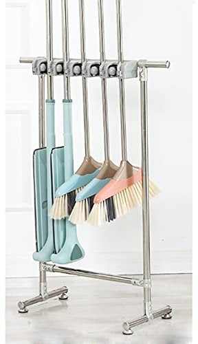 Movable Closet Storage Cabinet Broom Mop Holder nizer with Drain Rack Utility Racks Cleaning Tool Cart for Garden Garage Schools Hotels Floor Standing Broom Holder with 5 Towels and 6 Hooks