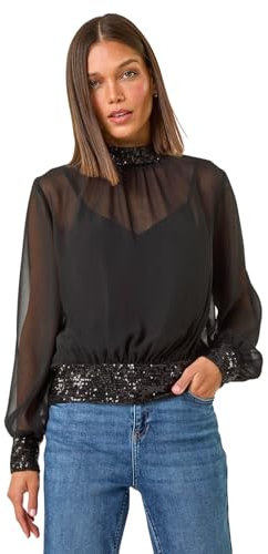 Roman Originals High Neck Chiffon Sequin Stretch Top for Women UK - Ladies Everyday Autumn Winter High Neckline Comfy Soft Evening Vacation Work Party Night Out - Black - Size 20