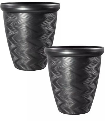 Round Black Plant Pot 33cm Patterned Rim 14.5L Tall Woven Garden Indoor Outdoor Planter Cover Drainage Holes, Weather, Frost Proof, Gloss Finish (2)