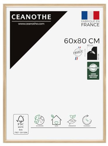 Ceanothe Cadre Photo 60x80 cm Bois Clair Naturel, Pour Exposition et Idéal pour A2 et Affiche Poster, Collection Essentiel Verre acrylique Incassable Fabriqué en France
