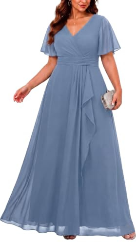 Talisea Plus Size Formal Dresses - Wedding Guest Bridesmaid Evening Prom Chiffon V Neck Ruffle Short Sleeves Long Dress Women