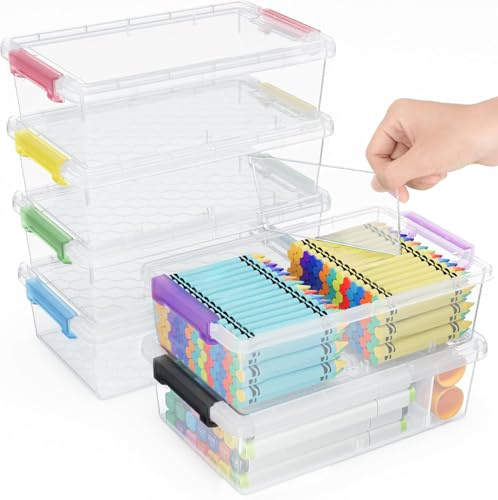 GEOPHIA 6 Pack Extra Large Pencil Box with Removable Dividers, Thickened Plastic Pencil Case Bulk, Clear Crayon Storage Box Stackable Marker Organizer Containers for Pen, Craft, Art (Multi)